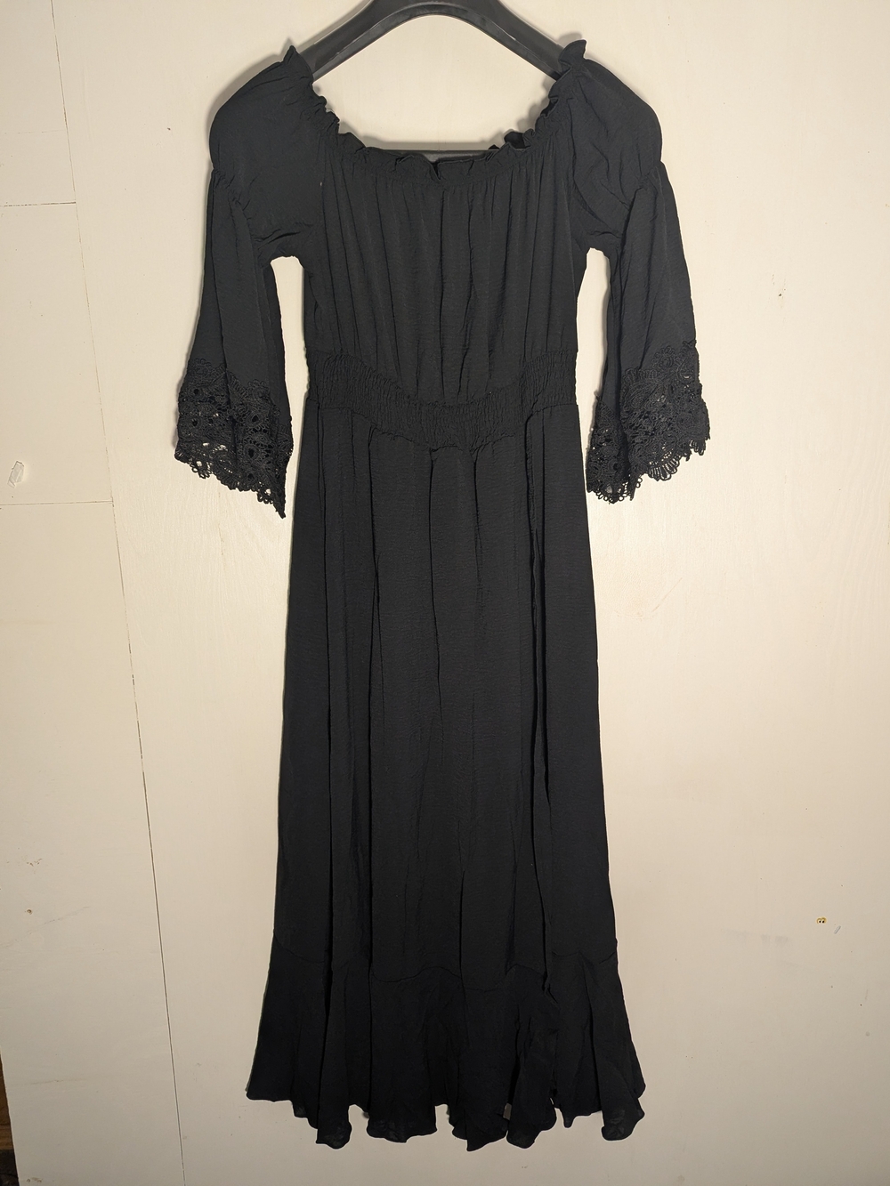 Black Off The Shoulder Crochet Lace Bell Sleeve Maxi Dress Boho 1XL